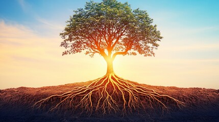 Majestic tree roots, sunset sky, growth concept