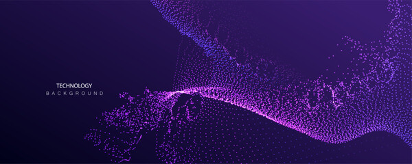 Abstract purple particle banner background. Wave with flowing splash particles. Big data ai connect structure. Grid mesh futuristic style. Pattern point vector technology.