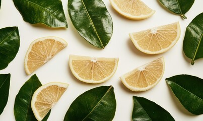 Flat lay of lemon slices and leaves on white background