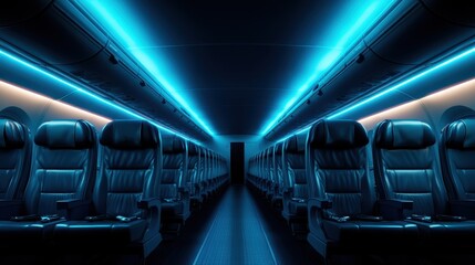 An innovative airplane interior featuring a striking combination of blue and red neon lights, creating an ethereal ambience that invites relaxation and reflection during travel.