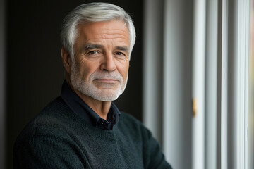 Mature man reflecting quietly by a window in a cozy indoor setting