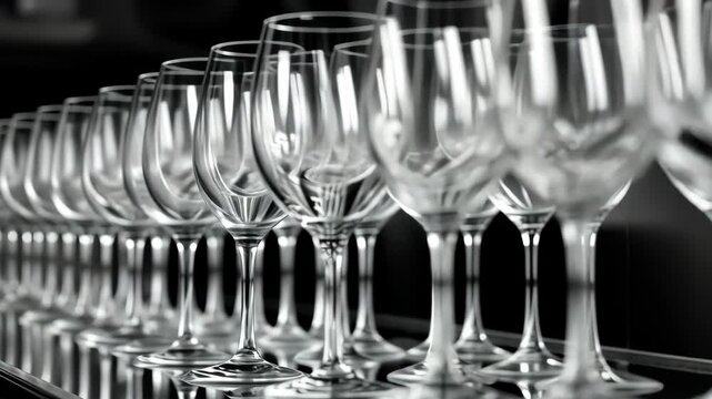 A polished row of elegant glassware reflecting light, set in a luxurious dining environment, creating a celebratory atmosphere.