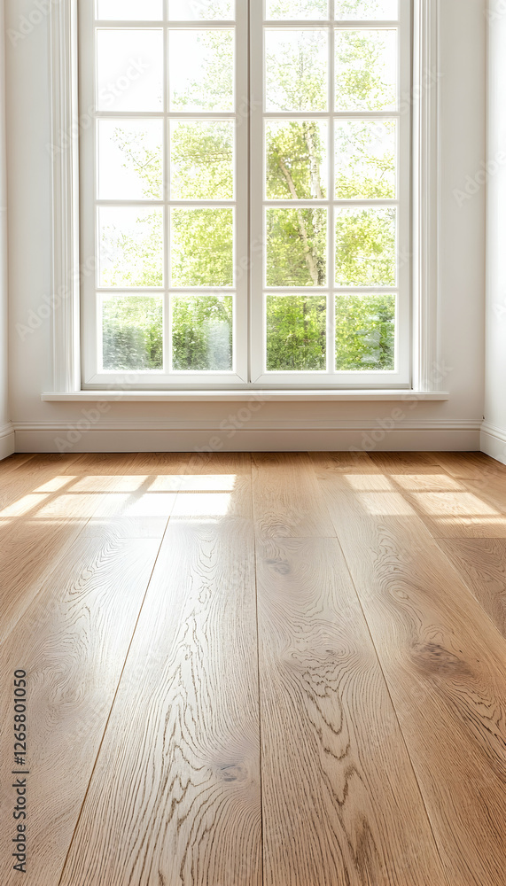Poster bright empty room with a window overlooking trees for use as a backdrop