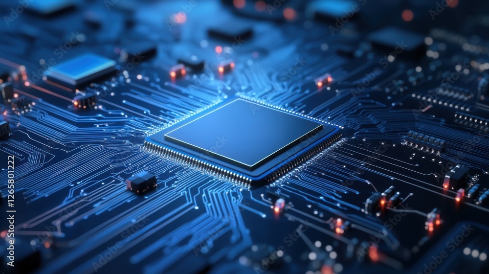 Aufkleber high-tech microchip with circuit board and glowing connections in a futuristic technology background