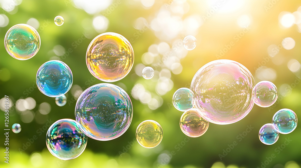 Poster bubbles floating in air on a sunny day with trees. abstract art. design element