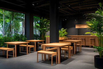 Fototapeta premium Cafe with tables and benches inside building with tropical garden background
