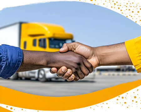 Businessmen shaking hands, truck delivery, logistics, partnership