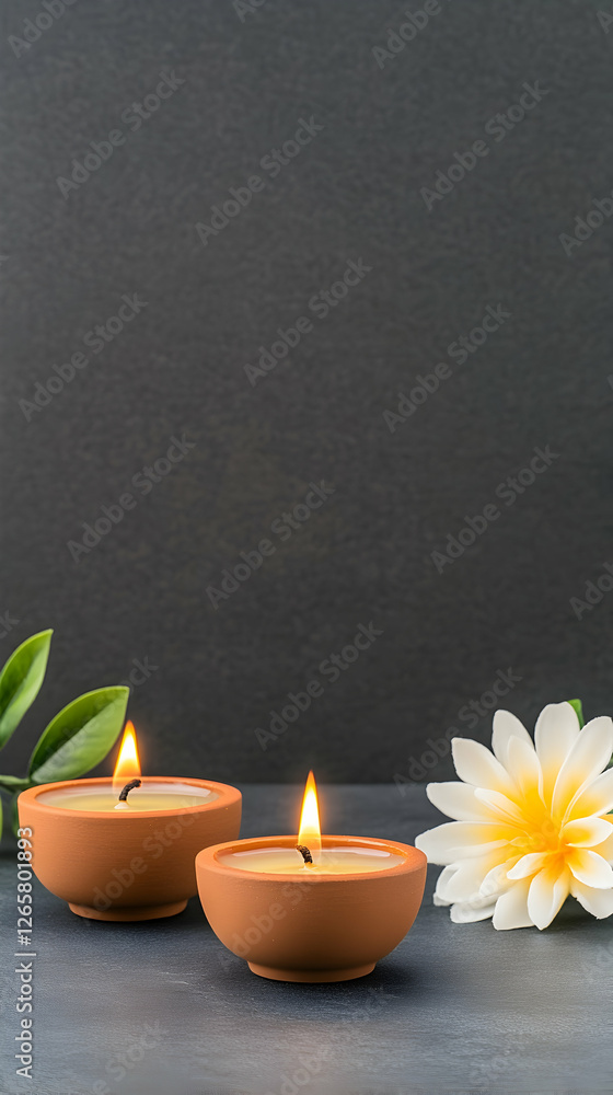 Poster candles are burning with a flower background for relaxation in a vertical format