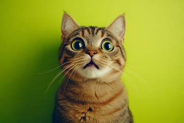 Obraz premium A shocked cat looking wide-eyed at the camera, set against a lime green background.