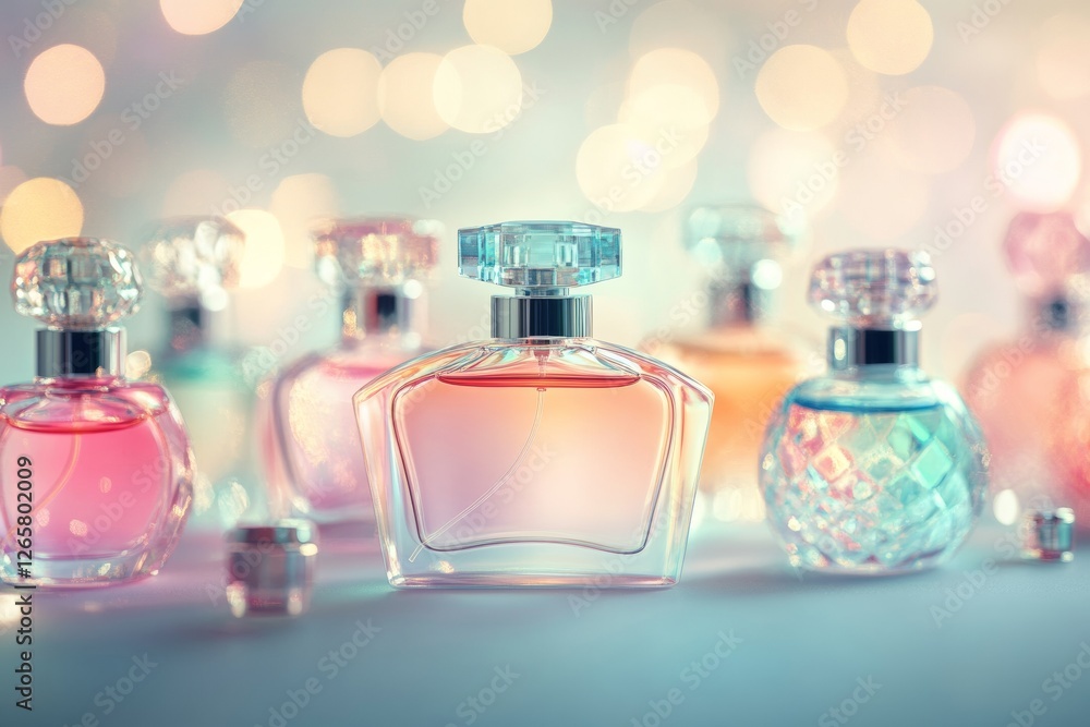 Poster multiple pastel-colored perfume bottles create an artistic composition, showcasing their elegant for