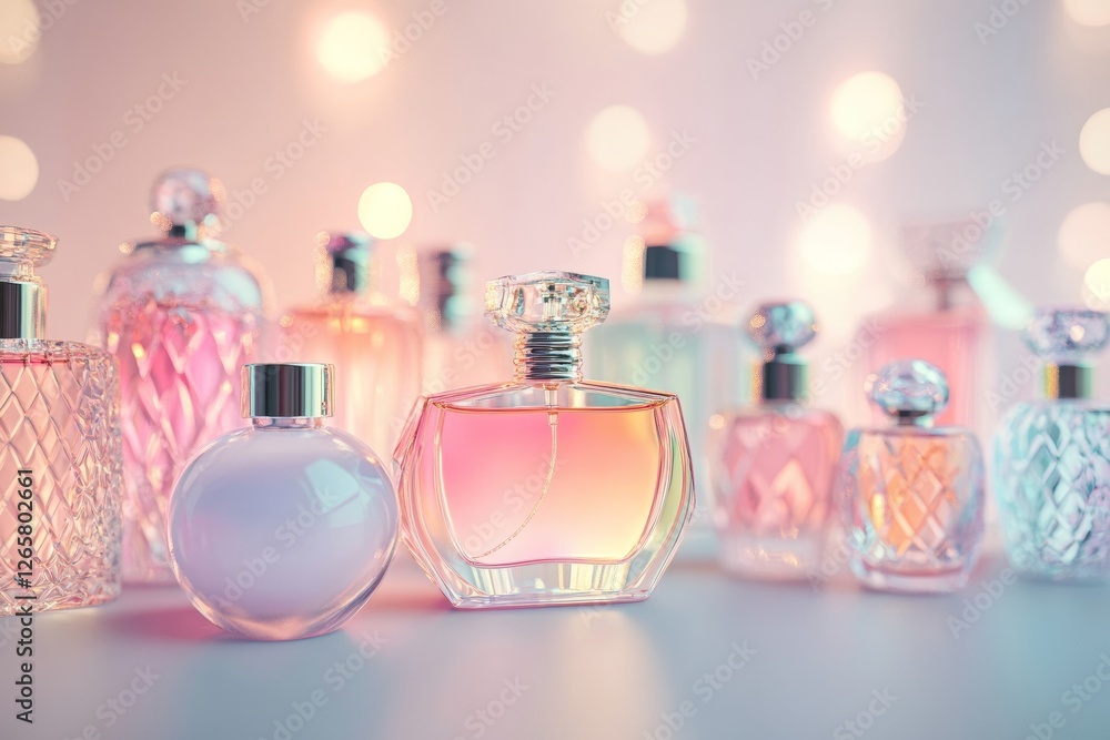 Poster an artistic composition showcases an array of perfume bottles in soft pastel hues. the delicate back