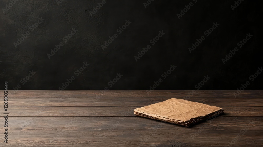 Aufkleber empty cardboard square on rustic wooden table against dark background