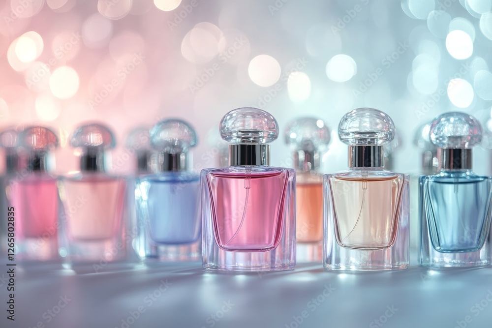 Poster an artistic display features multiple pastel-colored perfume bottles, showcasing an elegant harmony 