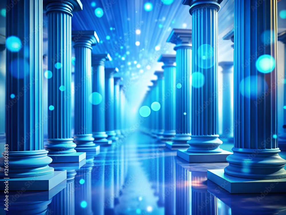 Poster futuristic minimalist blue columns bokeh background - abstract sci-fi architecture stock photo