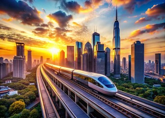 Fototapeta premium Futuristic Maglev Train Soaring Over Sleek Cityscape - Aerial View