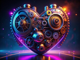 Obraz premium Futuristic Mechanical Heart: Glowing Cyberpunk Bio-Engine at Night