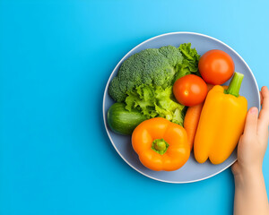 Child holding plate of fresh vegetables for healthy eating, plain backdrop studio shot