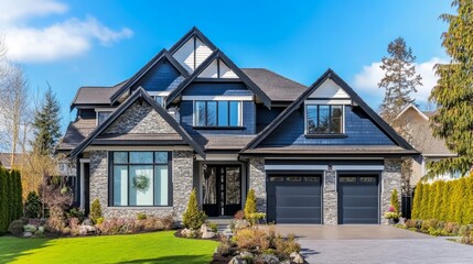Luxury house entrance under a clear blue sky, showcasing elegance and tranquility in a serene outdoor setting.