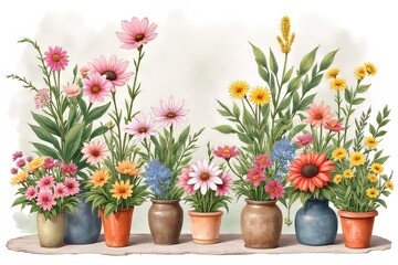 Colorful Floral Arrangement in Pots - Vibrant Flowers and Botanical Illustration