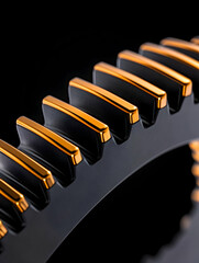 Close up of black & gold gear illustrating engineering, machine, and technology uses