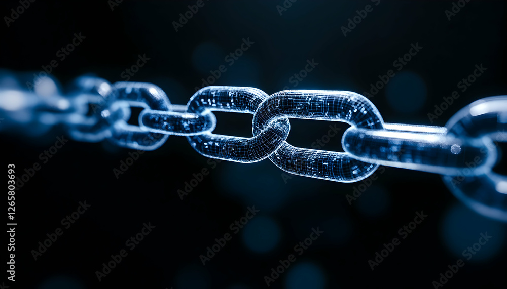 Poster close-up of glass chain links, representing connection and network over dark background