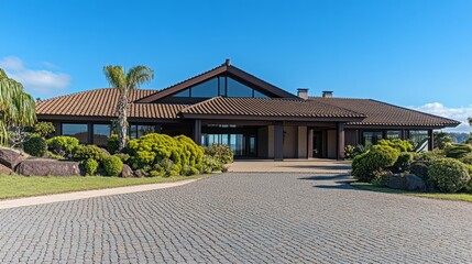 Fototapeta premium Luxury house entrance under a clear blue sky, showcasing elegance and tranquility in a serene outdoor setting.