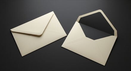 Two cream envelopes, one open revealing dark interior, on a dark gray background