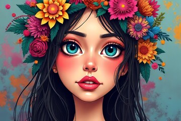 Colorful Floral Illustration of a Girl with Vivid Eyes and Makeup