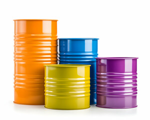 Colorful metal drums on white background for gas, chemical and petroleum industry