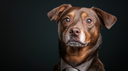 A stylish dog wearing a patterned tie, showcasing a blend of charm and sophistication against a deep, dark background, creating a memorable portrait.