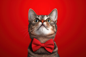 Cat in a red bow tie against a vibrant red background