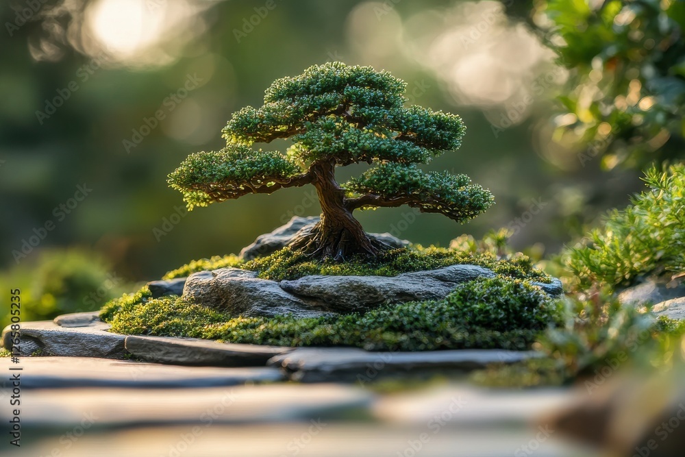 Poster serene bonsai tree surrounded by lush greenery in a natural setting with stone pathways and soft lig