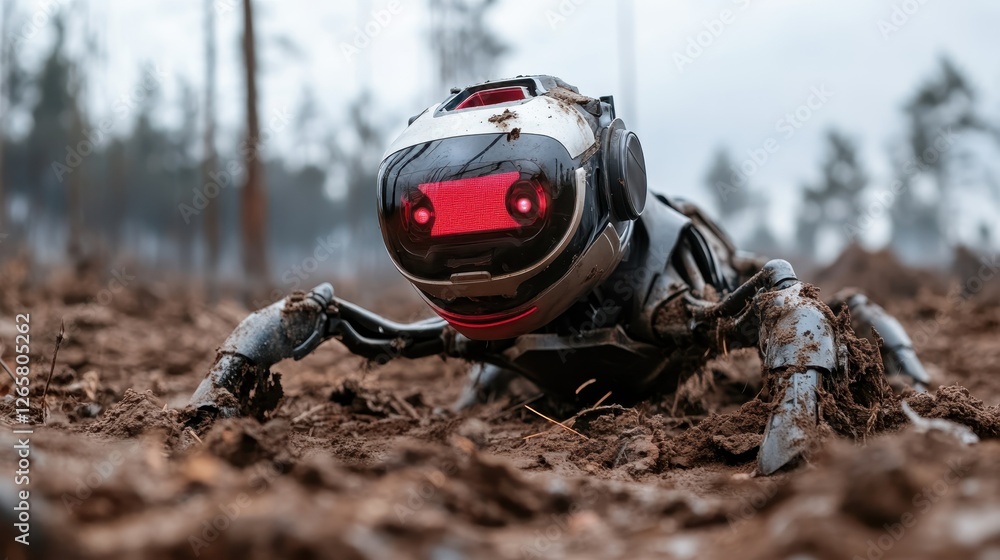 Poster a sleek, futuristic robot with bright red eyes moves through a muddy terrain, showcasing advanced te