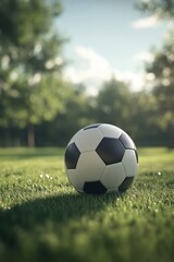 Fototapeta premium Soccer ball on grass lawn. Outdoor activity.