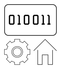 Binary numbers combined with a gear and house outline. Ideal for coding, automation, IoT, smart homes, digital systems, innovation, and programming themes. Abstract line flat metaphor