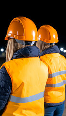 Fototapeta premium Construction workers inspecting site at night wearing safety vests and helmets