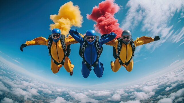 Colorful skydivers in formation, smoke trails, aerial view, teamwork