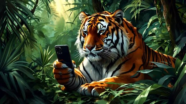 tiger using mobile phone  in the jungle