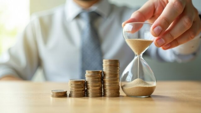 Businessman holding hourglass near increasing stacks of coins symbolizing investment growth