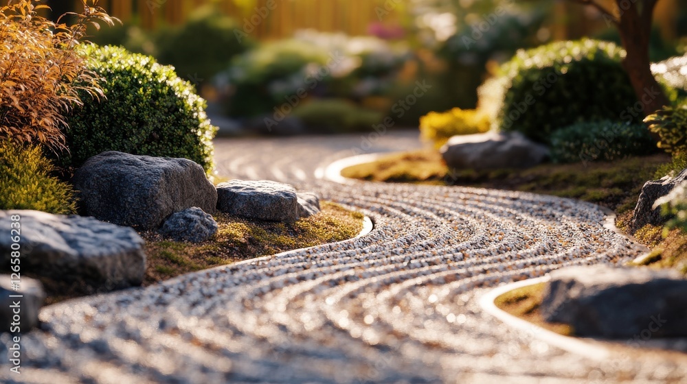 Poster serene botanical art representation of a tranquil garden path with lush greenery and natural element