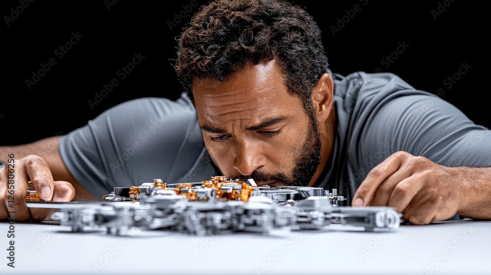 Aufkleber focused engineer analyzing drone components in modern workspace