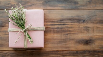 Rustic Pink Wrapped Gift with Floral Decoration on Wooden Background for Elegant and Cozy Celebrations