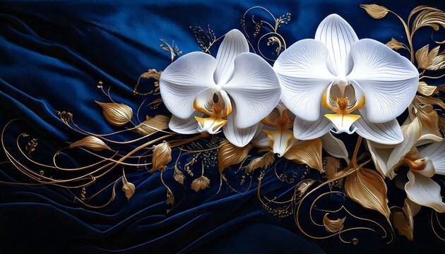 Background with elegant white orchids with golden accents on midnight blue velvet texture