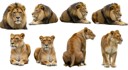 Family of lion, adult and cub, isolated. Wild cat Isolated on transparent background , PNG 