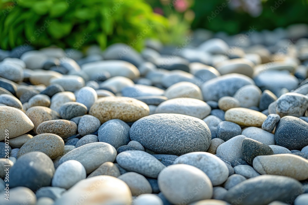 Poster detailed view of smooth river stones on ground in botanical garden setting with soft focus effect