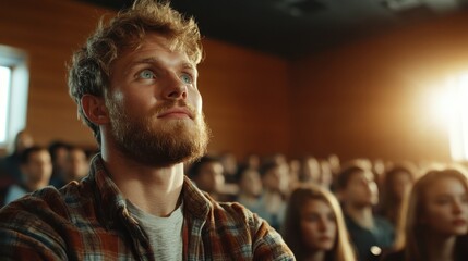 A young man gazes thoughtfully during a captivating presentation, highlighting the moments of inspiration and connection in a dynamic group setting filled with potential.