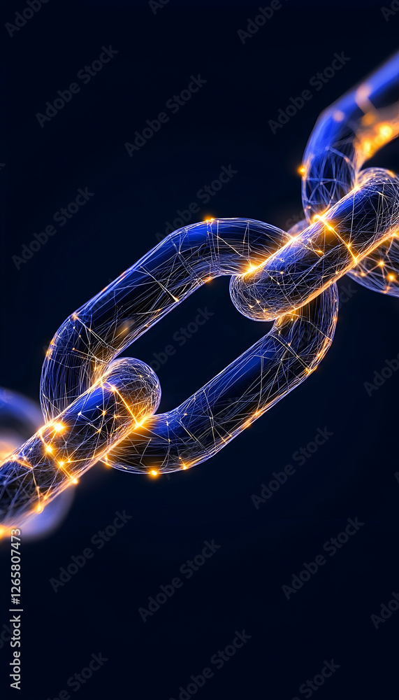 Poster digital chain with glowing connections symbolizing security, technology, and data transfer on dark b