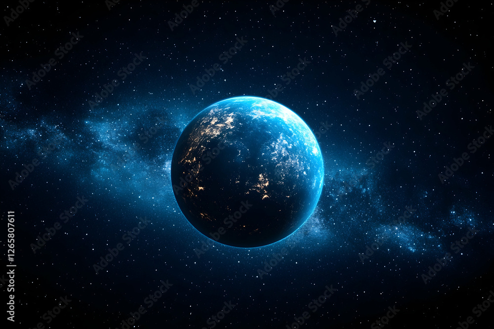 Poster distant planet view in space with a galaxy in the background for science fiction themes
