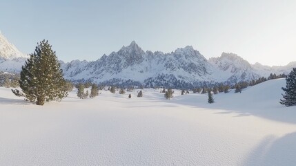 Snowy mountain range landscape, winter sunrise