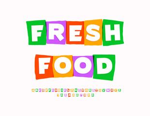 Vector Colorful signboard Fresh Food with Watercolor Alphabet Letters and Numbers set. Creative Cubic Font